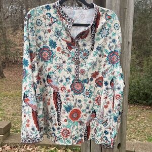 Women’s Floral & Bird Print Long-Sleeve Top - Cream with Teal & Rust